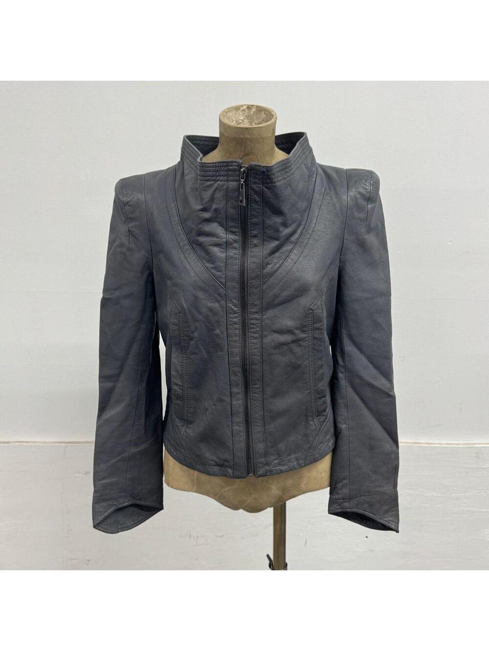 Vintage Grey Funnel Neck Asymmetric Avant Garde Leather Jacket